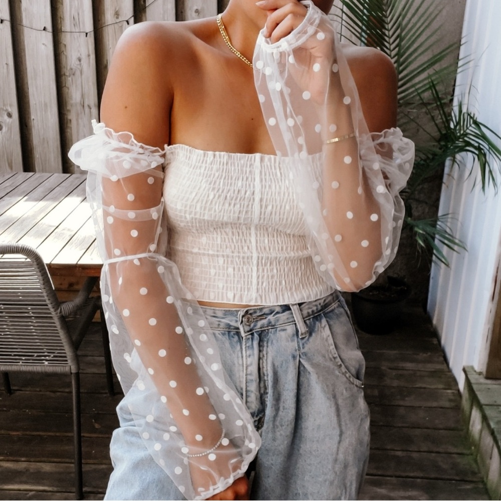 White Sheer Polka Dot Off-Shoulder cropped Top XS/S